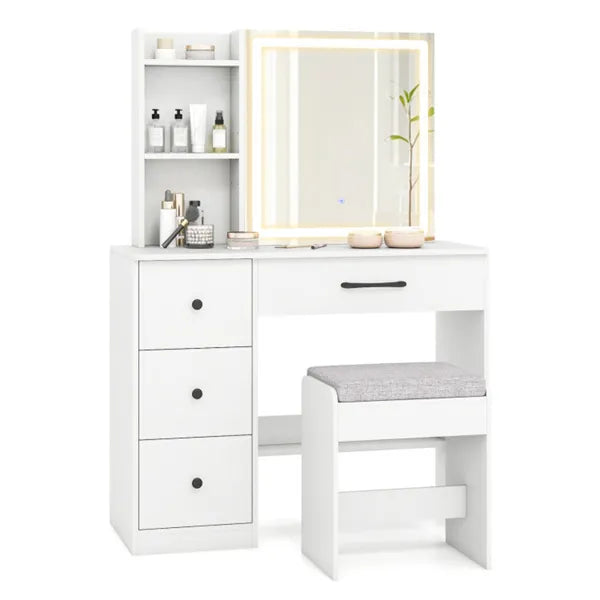 White Vanity Desk And Stool Set With Sliding Mirror & 3-Mode LED Light Strip, Anti-Toppling Dressing Table With Ample Storage