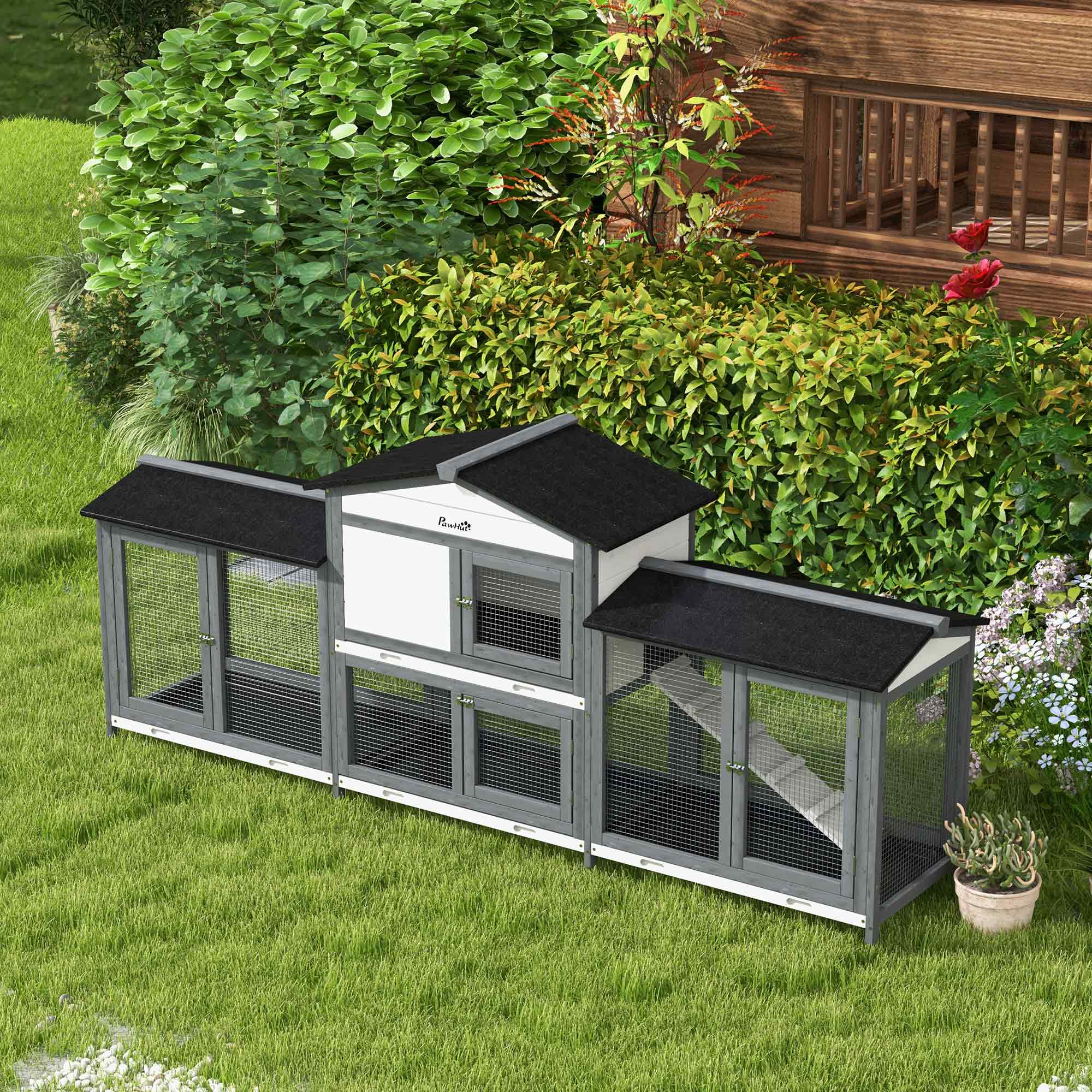 90.5" Wooden Rabbit Hutch Bunny Cage Pet Playpen House Enclosure with Double Side Run Boxes, No Leak Tray, Ramp, for Rabbits, Chickens, Ducks, Guinea Pig and Small Animals, Light Gray
