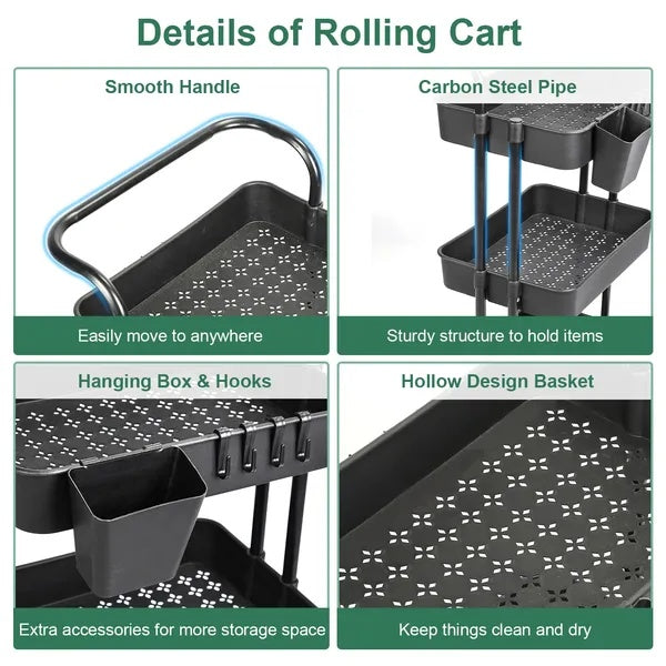 3 Tier Rolling Utility Cart Movable Storage Organizer With Mesh Baskets Lockable Wheels 360 Degree Rotatable Hanging Box Hooks Bedroom Bathroom Kitchen