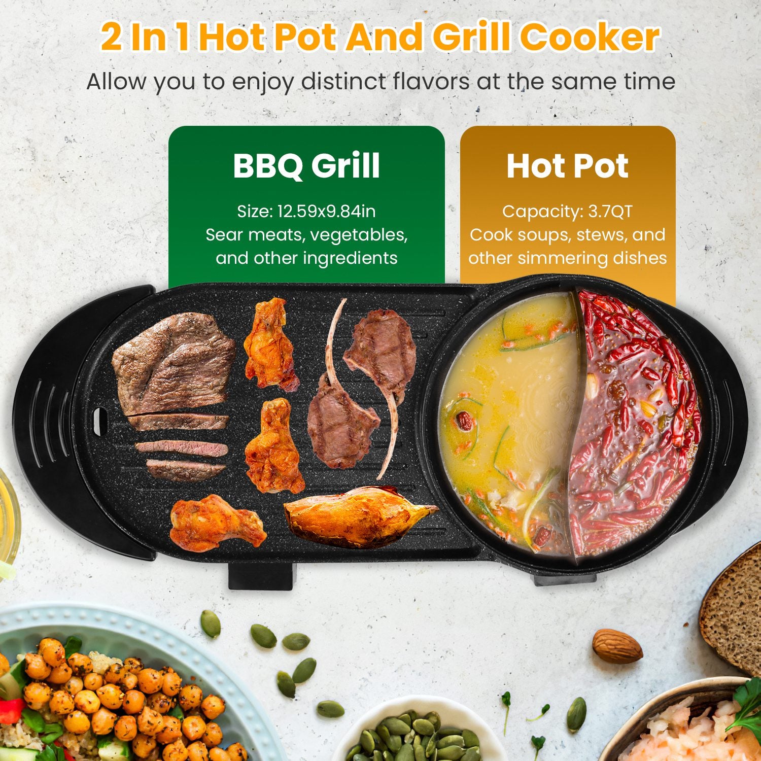 2200W  2 In 1 Electric Hot Pot With BBQ Grill Cooker Smokeless Non-Stick Korean BBQ Grill Shabu Shabu Hot Pot With Independent Temperature Control 5 Gears Firepower For 2-10 People