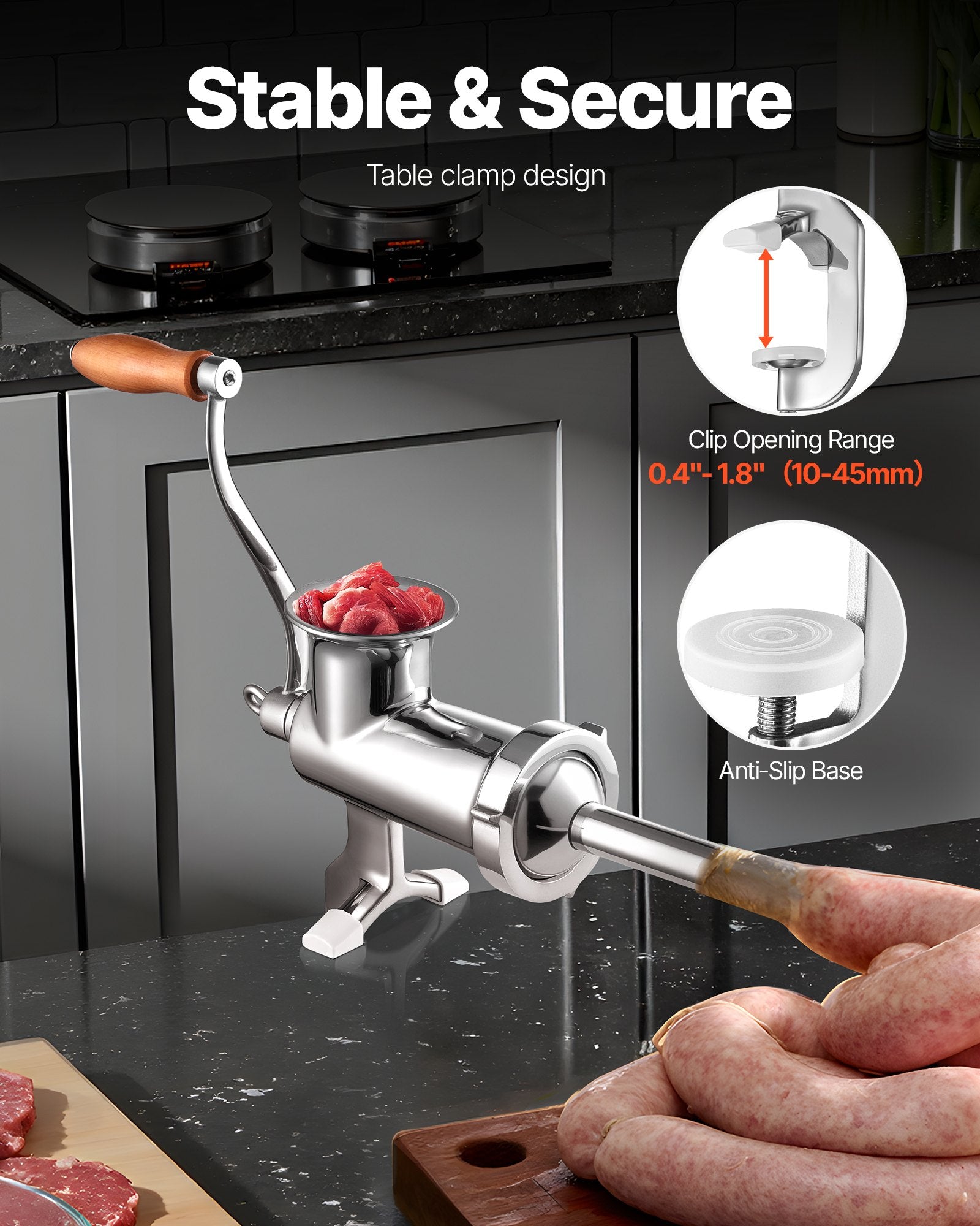 Manual Meat Grinder, All Parts Stainless Steel, Hand Operated Meat Grinding Machine With Tabletop Clamp, 2 Grinding Plates & Sausage Stuffer, Ideal For Home Kitchen Restaurant Butcher’s Shop