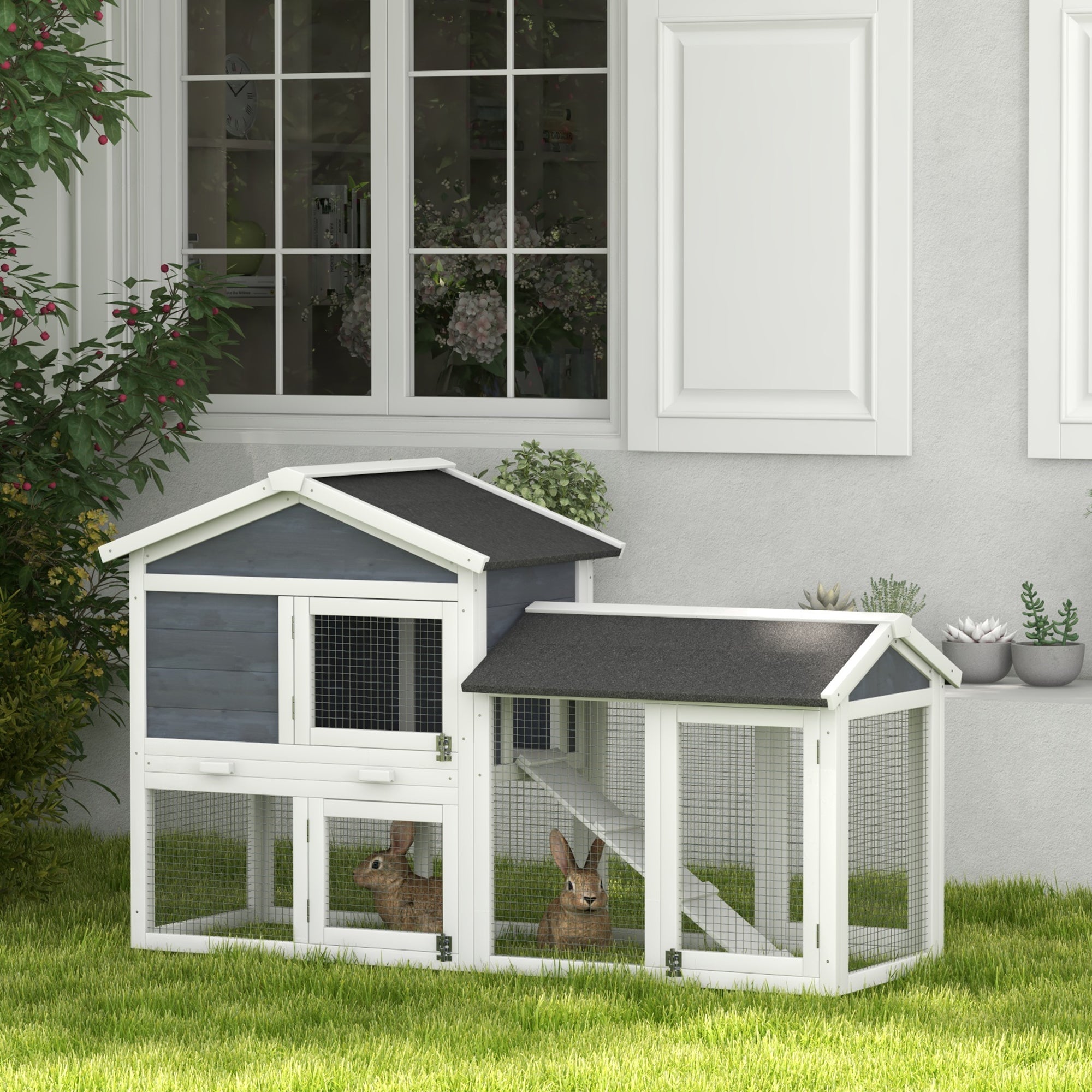 58" Wooden Rabbit Hutch with Run, Removable Tray, Asphalt Roof,  Lockable Doors and Ramp, Gray