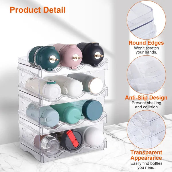 4 Tier Bottle Storage Holder 12 Bottles Transparent Stackable Bottle Organizer Standing Drink Holder Shelf For Kitchen Fridge Cabinet Pantry