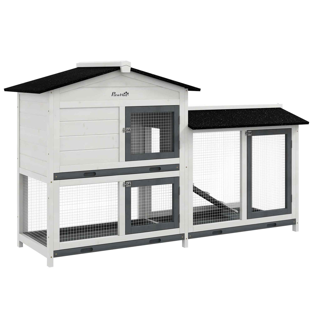 62" Rabbit Hutch, Wooden Bunny Hutch, Guinea Pig Cage, Small Animal Enclosure with Run Area, Removable Tray, Asphalt Roof, Lockable Doors and Ramp, for Rabbits, Chickens, Ducks, White