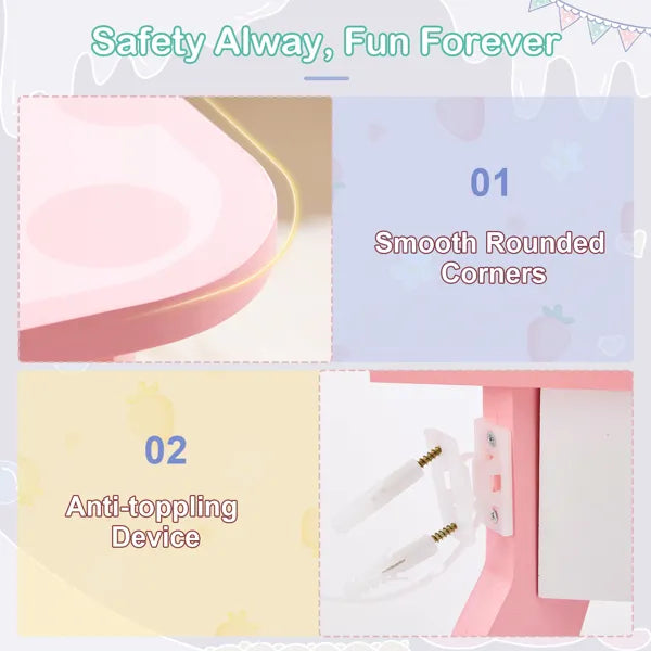 Pink MDF Spray-painted + Apple-printed 1-drawer 2-desktop Storage Box Children's Dressing Table Set