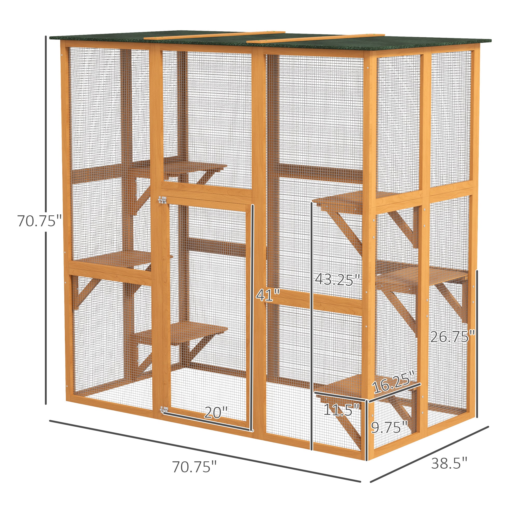 Outdoor Cat House Big Catio Wooden Feral Cat Shelter Enclosure with Large Spacious Interior, 6 High Ledges, Weather Protection Asphalt Roof, 71" L, Orange