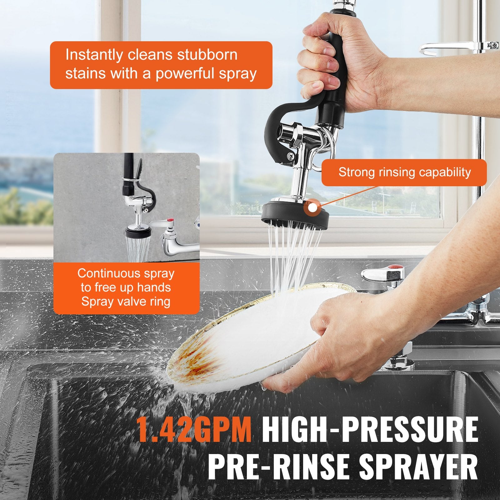 Commercial Faucet With Pre-Rinse Sprayer, 44' Height, 8' Center, 12' Swing Spout, Deck Mount Kitchen Sink Faucet, Brass Constructed Device With Pull Down Spray, For 1/2/3 Compartment Sink