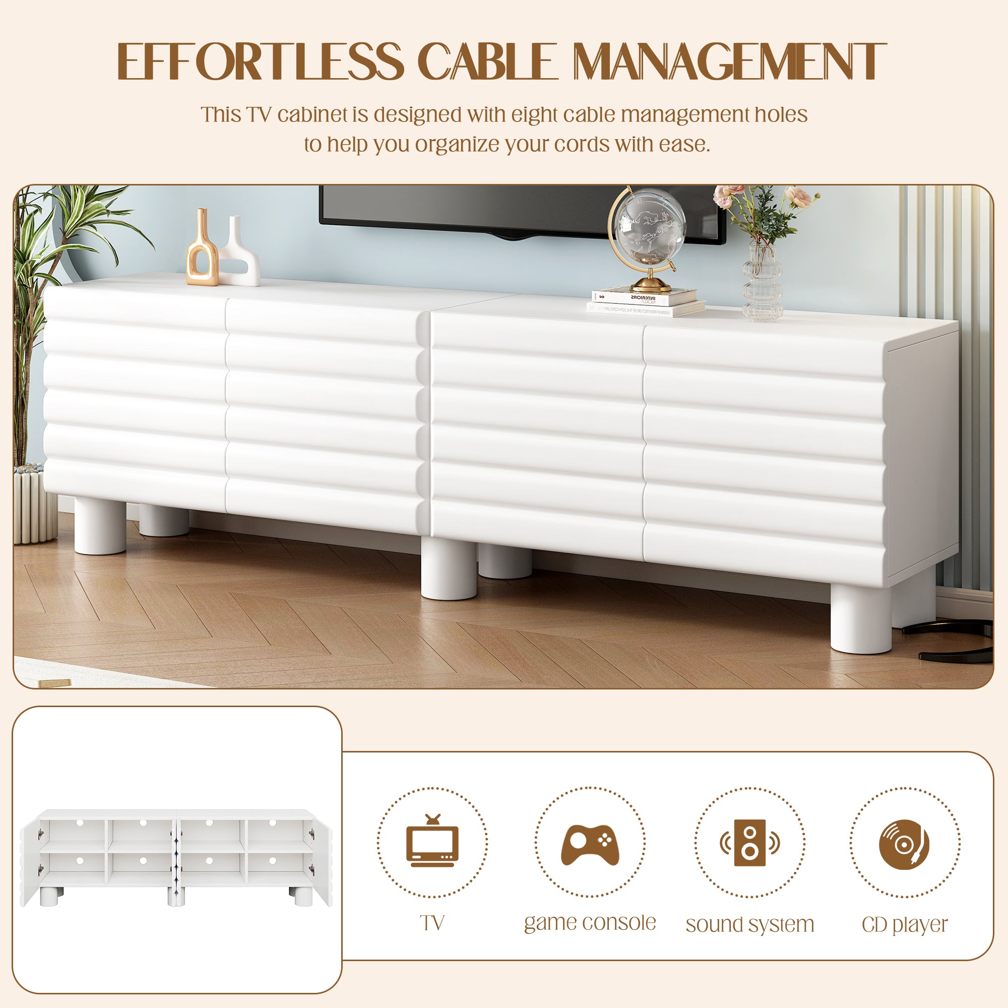 Stylish Thick Wavy Door TV Cabinet With Adjustable Shelves, Cream Style TV Stand With 4 Cabinets For TVs Up To 75, Solid Media Console With Cylindrical Legs And Cable Holes For Living Room, White