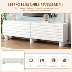 Stylish Thick Wavy Door TV Cabinet With Adjustable Shelves, Cream Style TV Stand With 4 Cabinets For TVs Up To 75, Solid Media Console With Cylindrical Legs And Cable Holes For Living Room, White