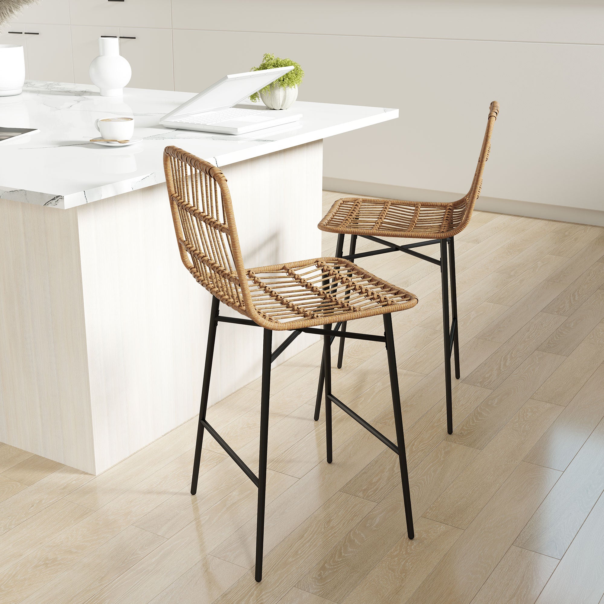 Rattan Counter Bar Stools Set of 2, 26" Counter Height Barstools with Back, Bar Chairs for Kitchen Island, Brown