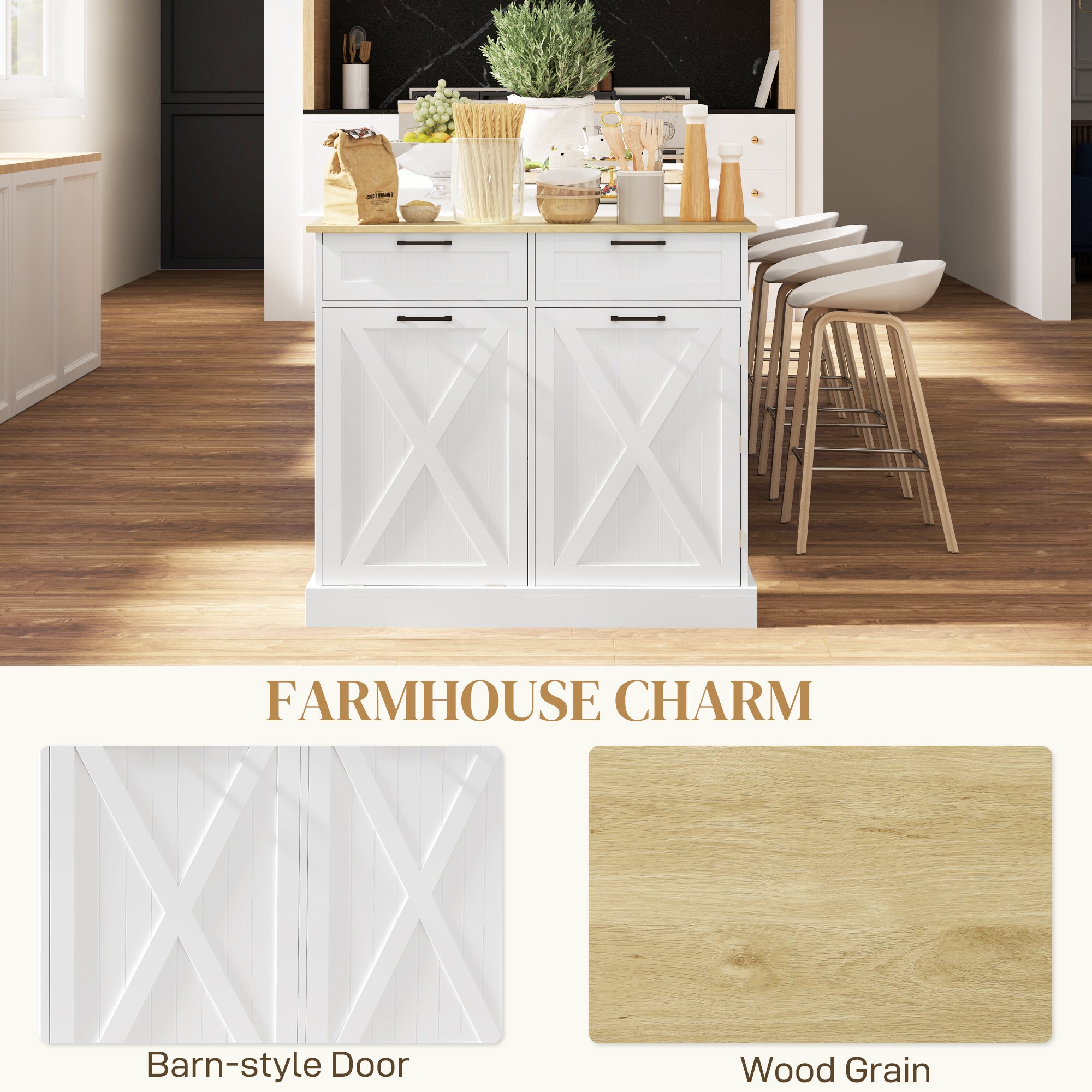 10 Gallon Farmhouse Kitchen Cabinet with Hidden Trash Can and 2 Drawers, Tilt Out Trash Can Cabinet for Kitchen, White