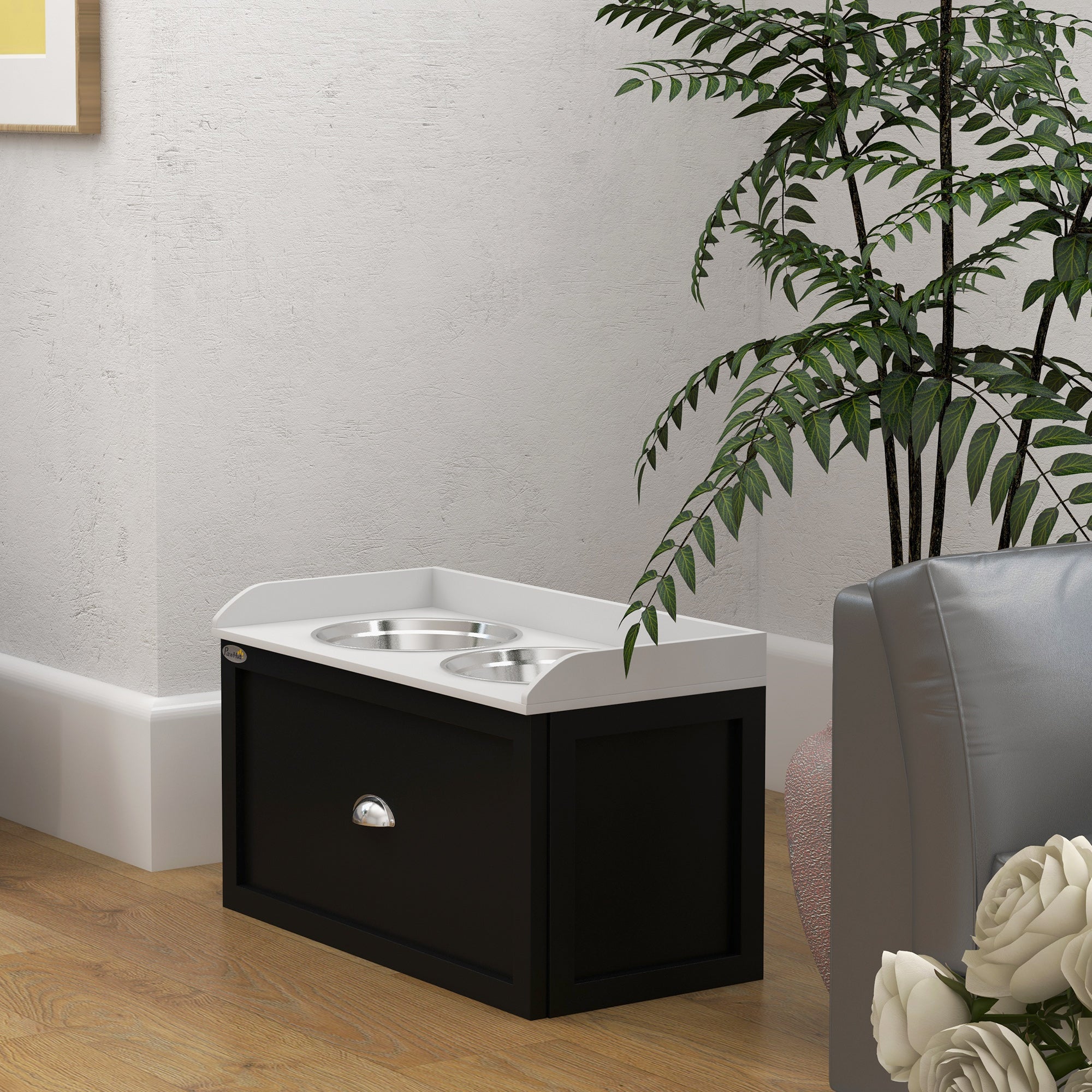 Pet Feeding Station Pet Dish Bowl Set with Storage, 2 Elevated Dog Bowls for Large Sized Dogs, White and Black