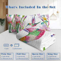 Watercolor Hummingbird Flowers Pattern Quilt Set -1 Quilt, 2 Shams