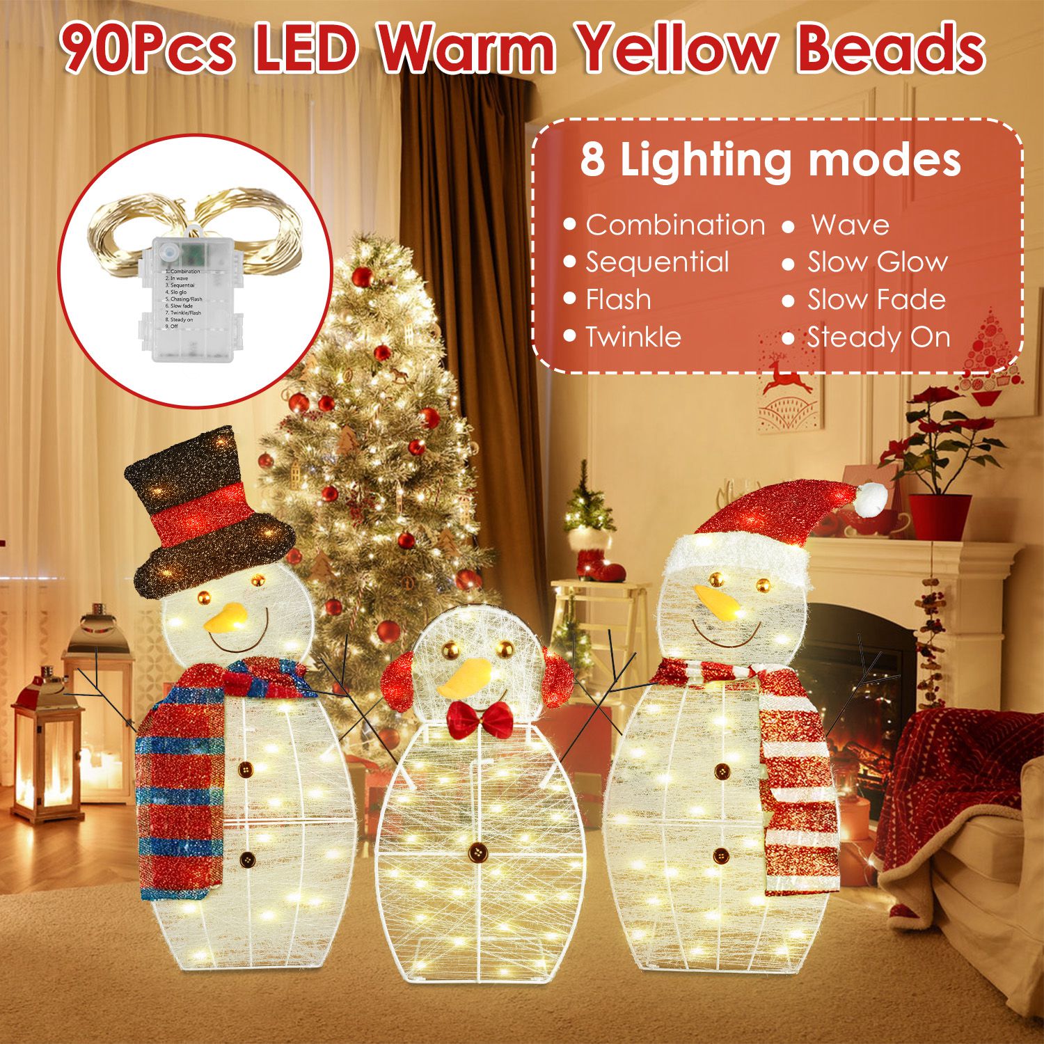 3Pcs 2D Christmas Snowman Yard Decoration Snowman Family Outdoor Decoration With 90Pcs LED Warm Yellow Lights 8 Lighting Modes IP44 Waterproof For Christmas Holiday Display