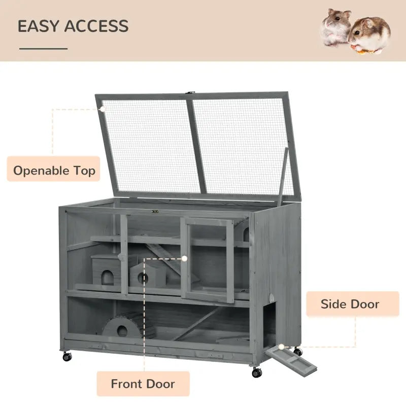 PawHut Wooden 3-Tier Hamster Cage Hutch Box With Ladder Wheels For Small Animals, Dark Gray