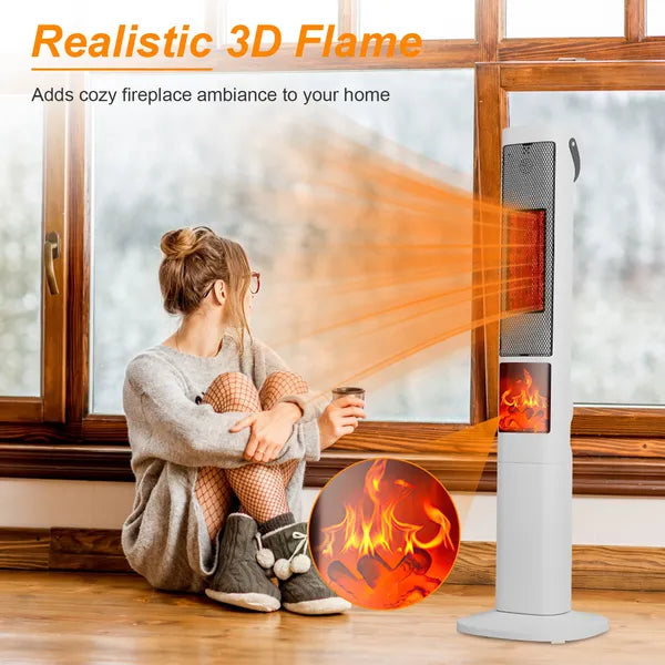 1500W Oscillating Ceramic Tower Space Heater With 3D Flame Portable Electric Heater With 3 Wind Modes Remote Control 5 Timer Overheat Tip-Over Protection For Bedroom Office