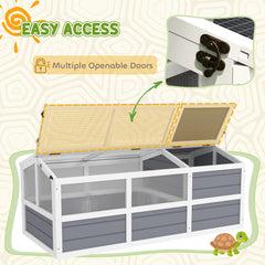Wooden Tortoise Habitat Outdoor w/ Bottomless Design, Doors, PC Sun Panel Windows, for Small Animals, Rabbit, Light Gray