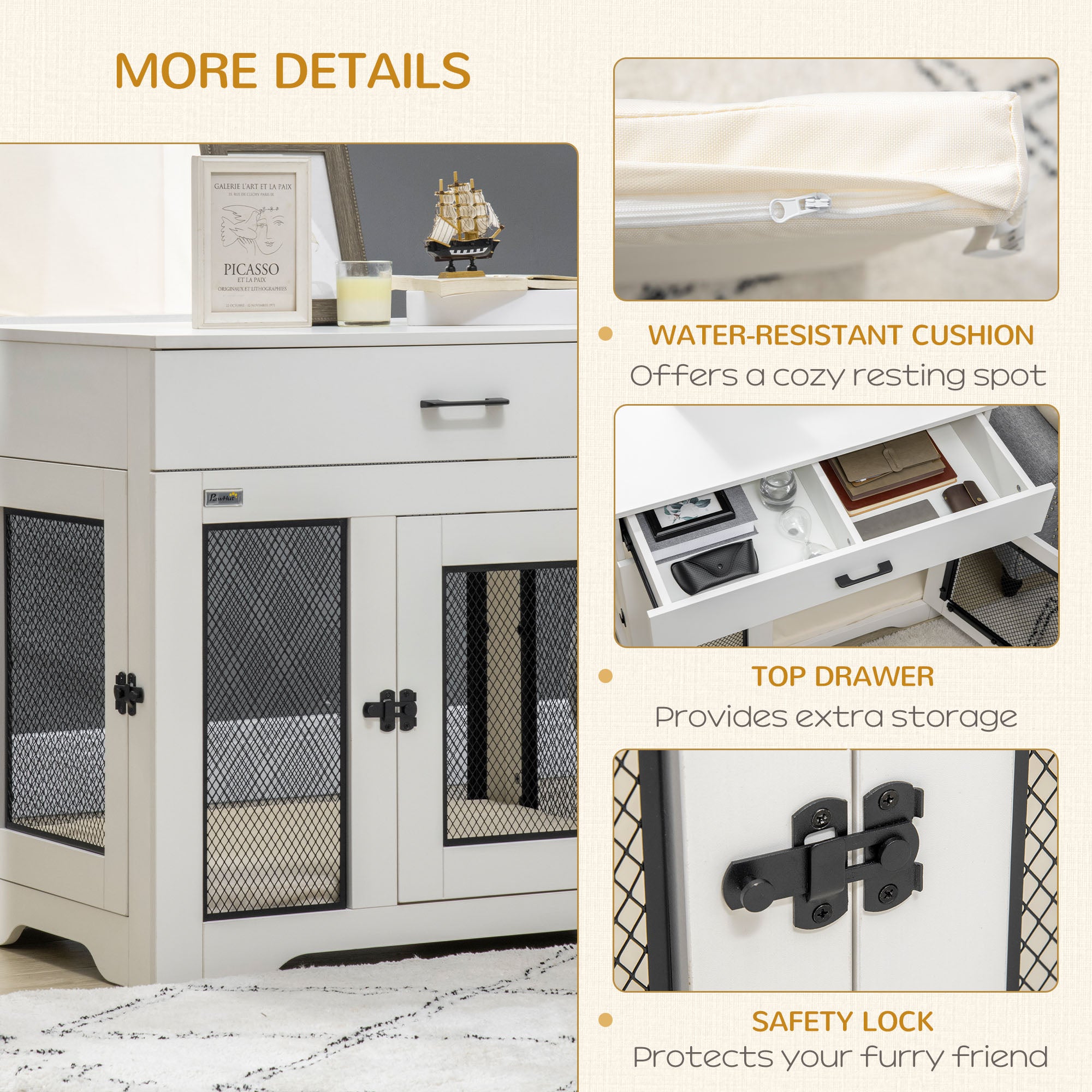 Dog Crate Furniture with Soft Water-Resistant Cushion, Dog Kennel End Table with Drawer, Puppy Crate for Small Dogs Indoor with 2 Doors, White