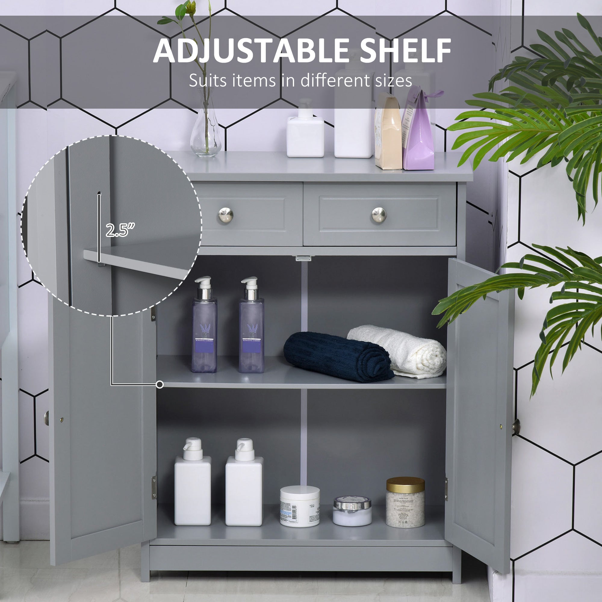 Freestanding Bathroom Floor Cabinet, Wooden Bathroom Cabinet with 2 Doors, 2 Drawers and Adjustable Shelf, Gray