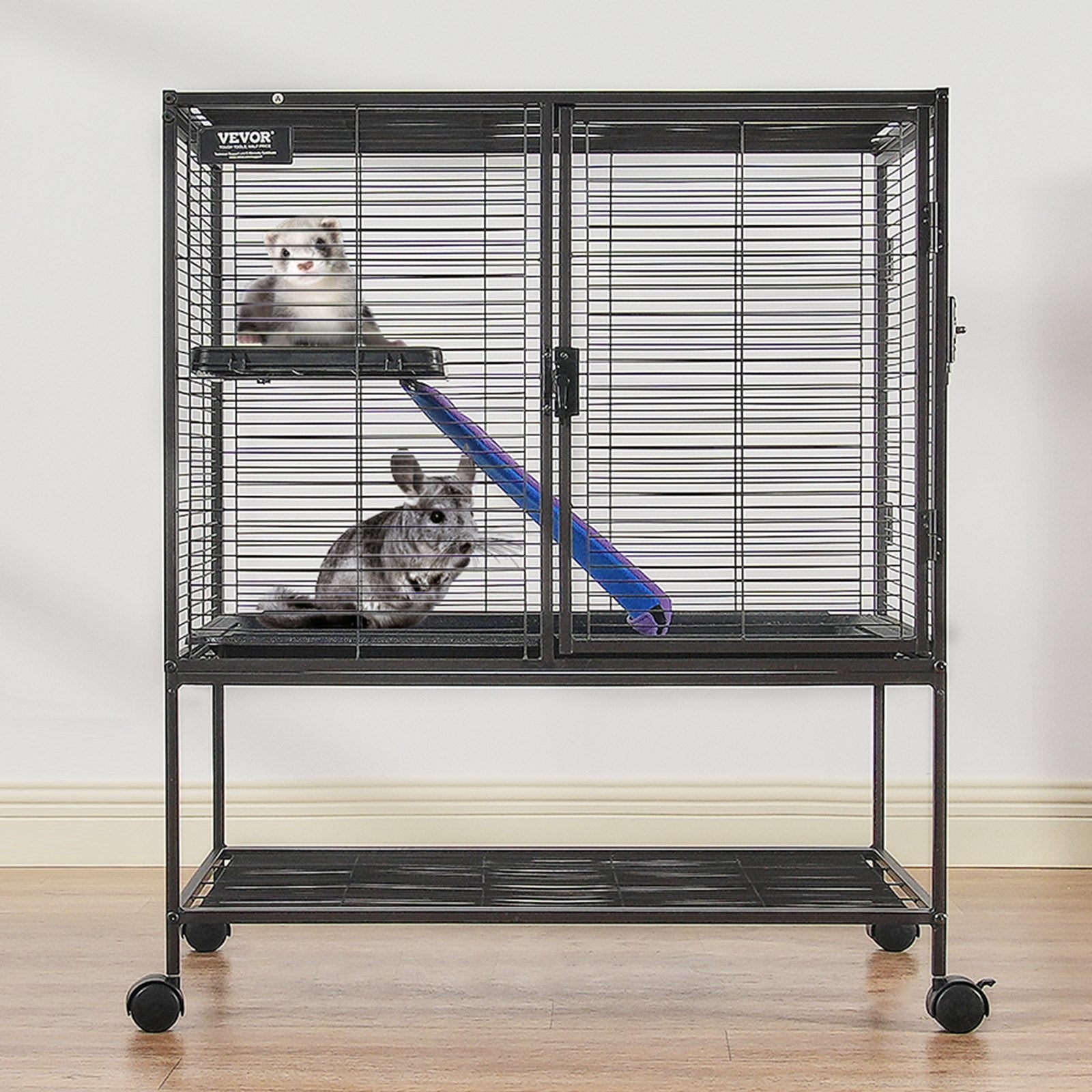 36' Metal Small Animal Cage 2-Tier Rolling Ferret Cage With Tray A Ramp