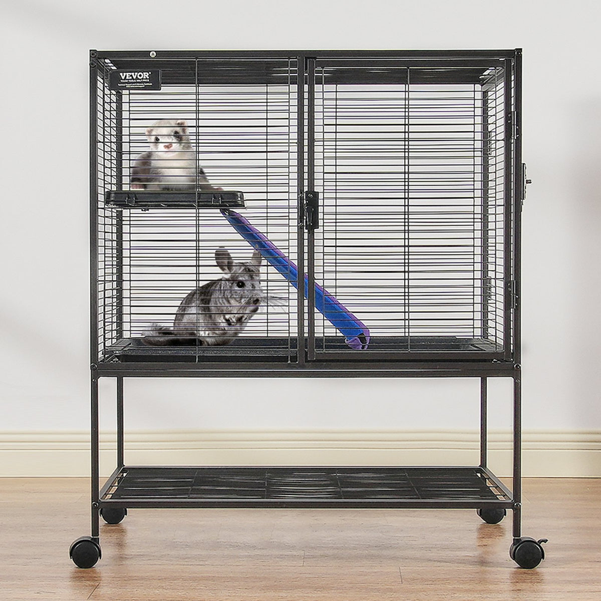 36' Metal Small Animal Cage 2-Tier Rolling Ferret Cage With Tray A Ramp