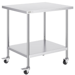 Stainless Steel Work Table 30 X 36 X 38 Inch, With 4 Wheels, 3 Adjustable Height Levels, Heavy Duty Food Prep Worktable For Commercial Kitchen Restaurant, Silver