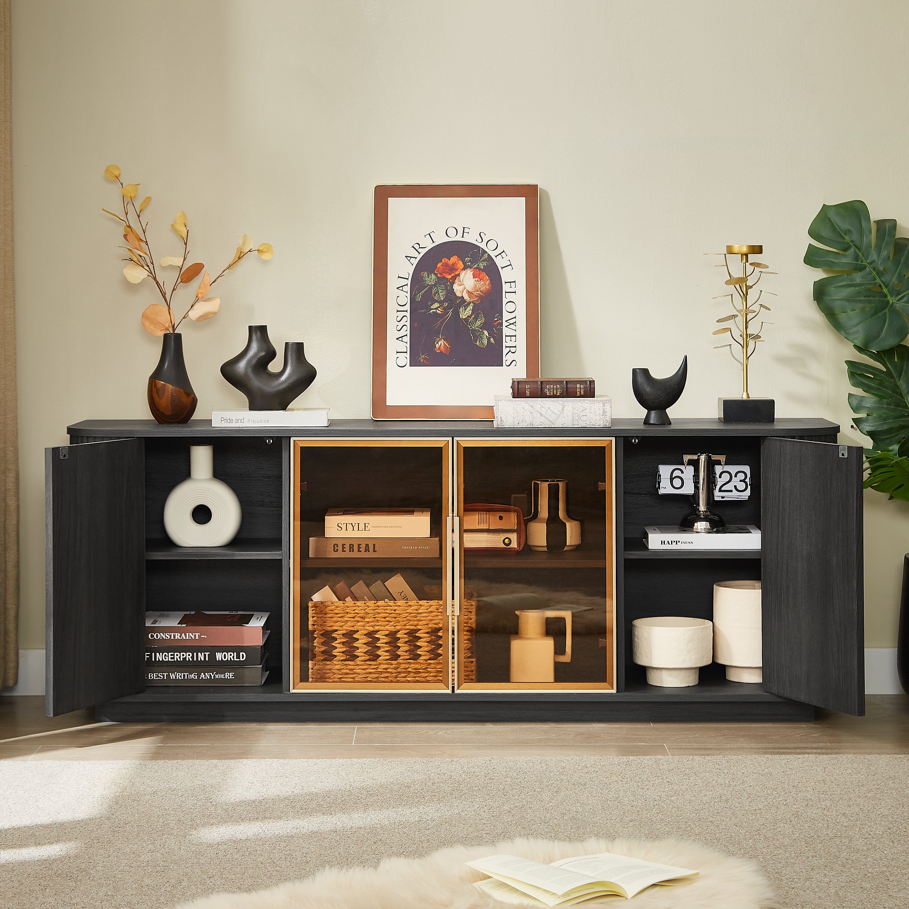 64-Inch Wavy TV Cabinet, Round Sideboard, Wooden Vertical Stripe Storage Cabinet, Aluminum Door Framed Tempered Glass Cabinet For Living Room Bedroom Entryway. Black,64W X 15D X 24H.