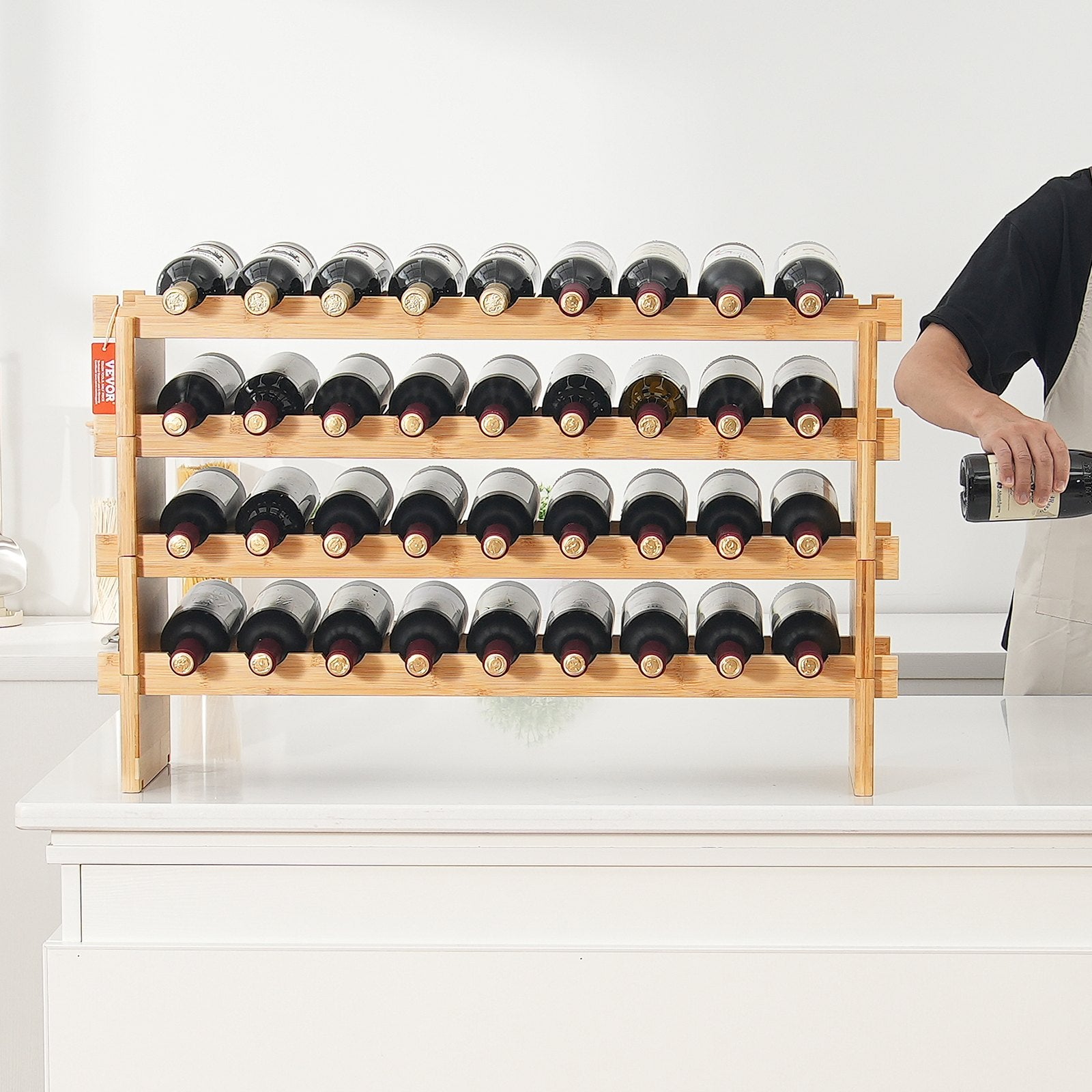 36 Bottle Stackable Modular Wine Rack Bamboo Wood Display Shelf 4-Tier