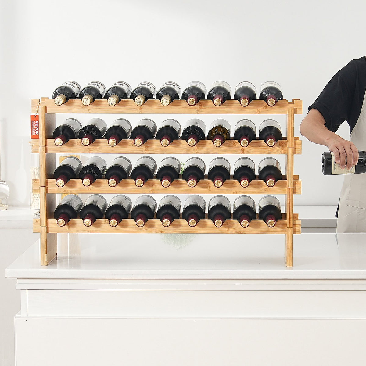 36 Bottle Stackable Modular Wine Rack Bamboo Wood Display Shelf 4-Tier