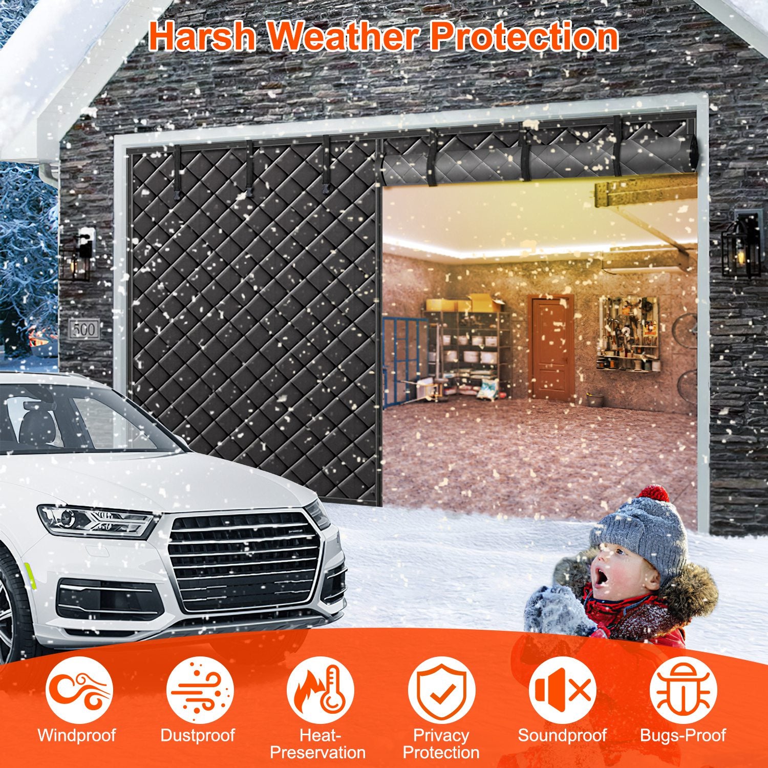 1Pc 16x7FT Magnetic Thermal Insulated Garage Door Curtain For Winter Two Car Garage Screen With Magnetic Closure 8 Roll Up Buckle Straps For Two Cars Weatherproof Windproof Soundproof