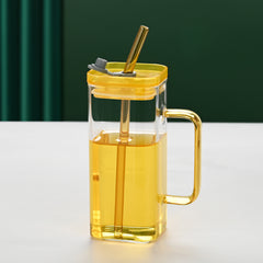 1 Pcs Transparent Glass Straw Cup, 6 Colors Square Glass Cup With Straw And Lid, High Borosilicate Glass Cup, Milk Cup, Juice Cup, Cold Drink Cup, Coffee Cup, Tea Cup, Office Cup, Gift Cup
