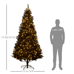 HOMCOM 7.5' Tall Prelit Christmas Tree Douglas Fir Artificial Christmas Tree With Realistic Branches, 500 Warm White LED Lights And 1346 Tips, Black