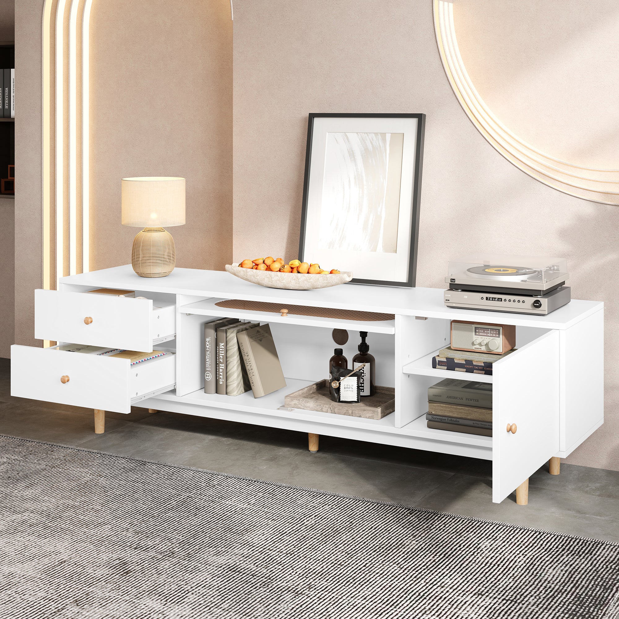 70 Inch TV Stand For TVs Up To 80 Inch, Minimalist TV Console Table With Drawers, Media Entertainment Center For Living Room, Bedroom