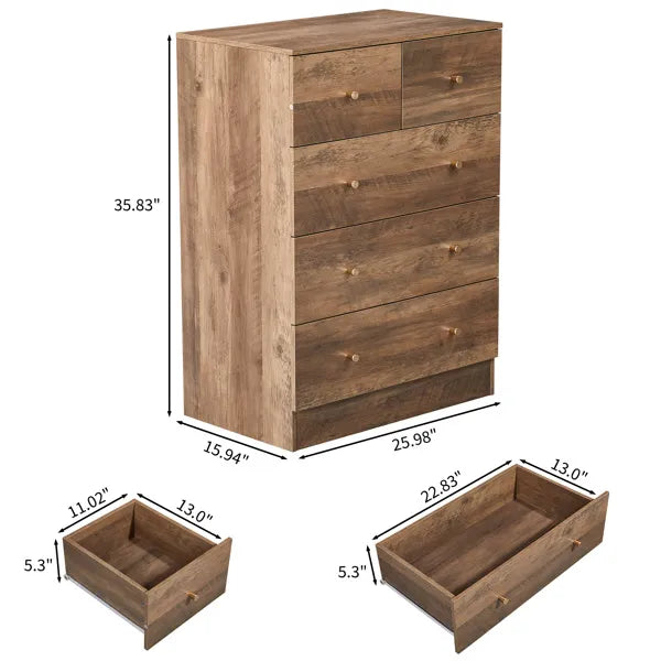 Gray Particleboard With Linen-textured Melamine Finish, 66*40*91cm, 3+2 Drawers, Drawer Cabinet With Matte Gold Handles