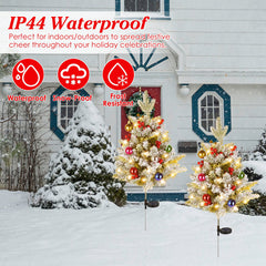 2PCS 50 LED Solar Artificial Christmas Tree - Lifelike Design With 2 Lighting Modes, 600mAh Battery 4H Fast Charge, IP44 Waterproof Holiday Decoration With Red Berries/Decor Balls