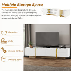 ON-TREND Luxury Fluted TV Stand For TVs Up To 80'', Modern Entertainment Center With Storage Cabinets & Drawers, Smooth Media Console With Golden Wood Grain Legs For Living Room, White