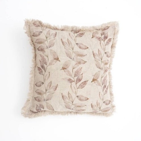 Linen Printed Cushion With Fringes  Brown