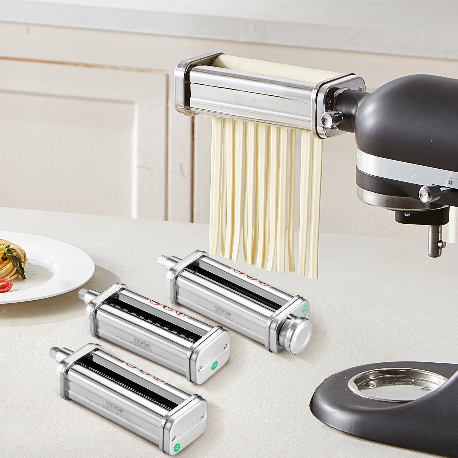 Pasta Attachment For KitchenAid Stand Mixer, Stainless Steel Pasta Roller Cutter Set Including Pasta Sheet Roller, Spaghetti And Fettuccine Cutter, 8 Adjustable Thickness Knob Pasta Maker, 3Pcs