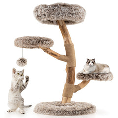 Multi-level Natural Pear Wood Cat Tree, Sisal Scratching Posts, Plush Balls, Long Plush Fabric