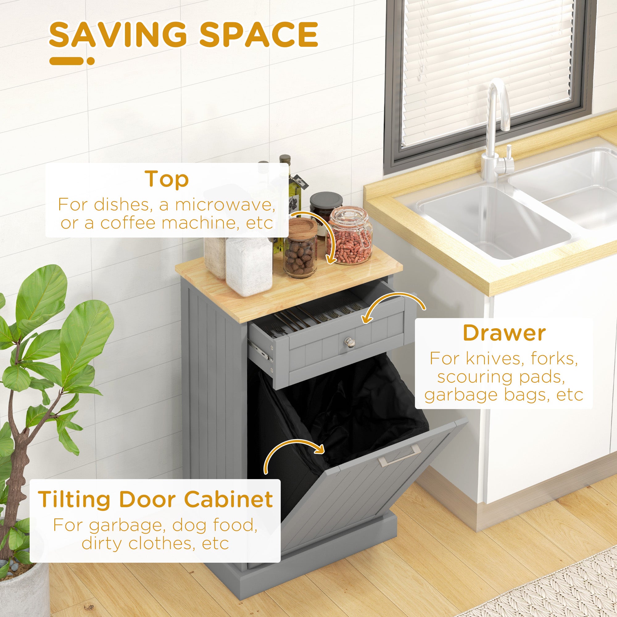 Kitchen Tilt Out Trash Bin Cabinet Free Standing Recycling Cabinet Trash Can Holder With Drawer, Gray