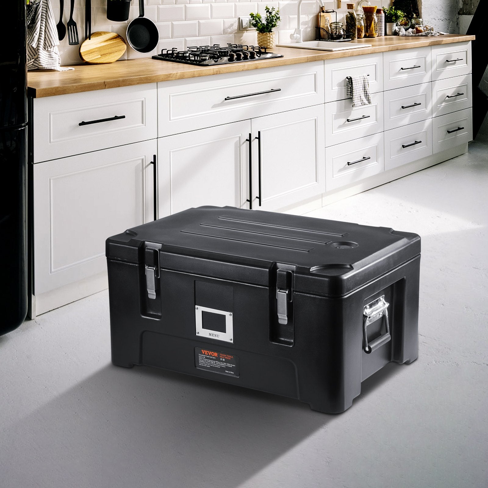 Insulated Food Pan Carrier, 36Qt Capacity, Stackable Catering Hot Box W/ 3 Stainless Steel Pans, Top Load LLDPE Food Warmer W/Elastic Side Handles And Buckles, For Restaurant Canteen, Black