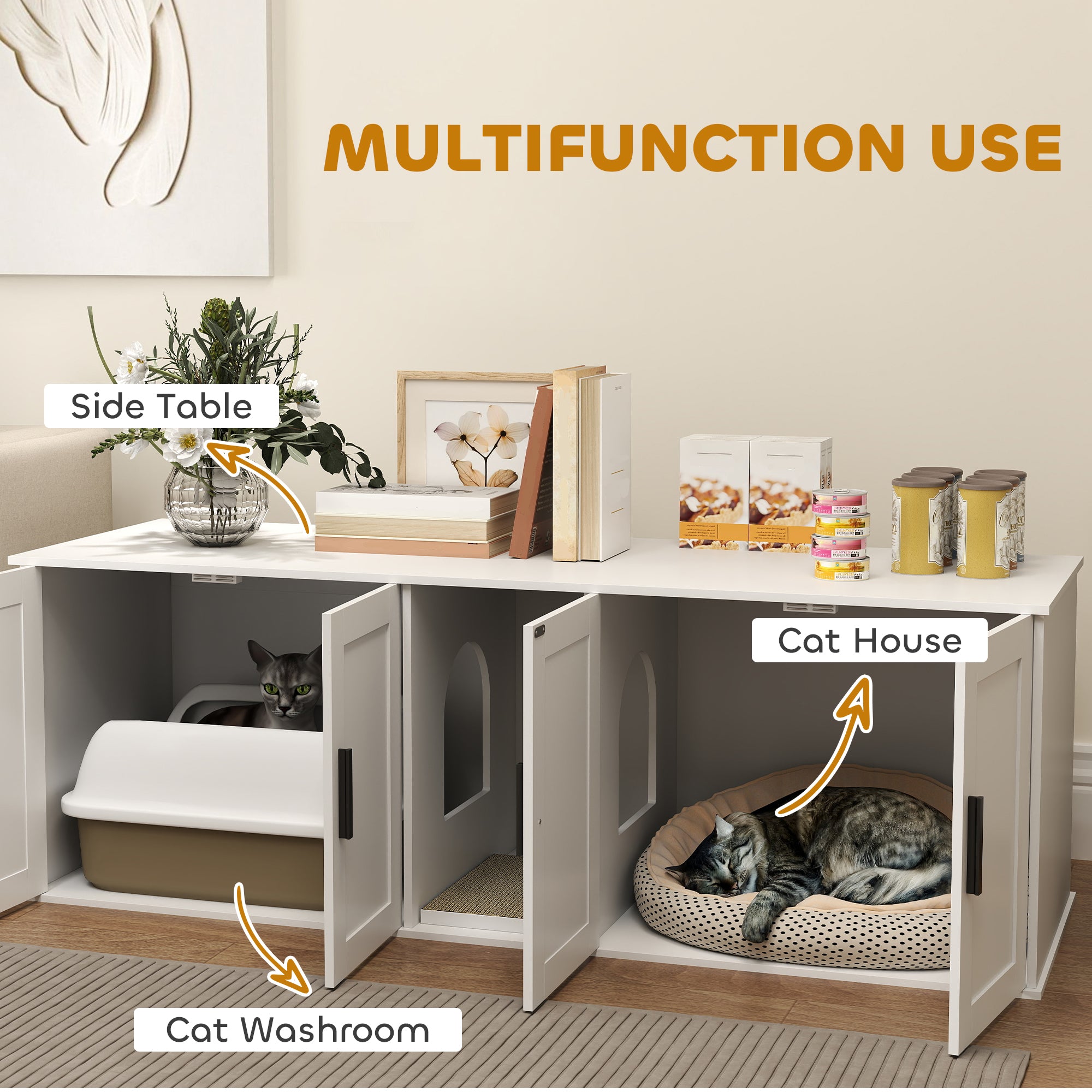 Cat Litter Box Enclosure With Double Room, Scratching Mat For 2 Cats, 57 X 19 X 20, White