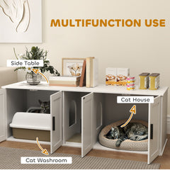 Cat Litter Box Enclosure With Double Room, Scratching Mat For 2 Cats, 57 X 19 X 20, White