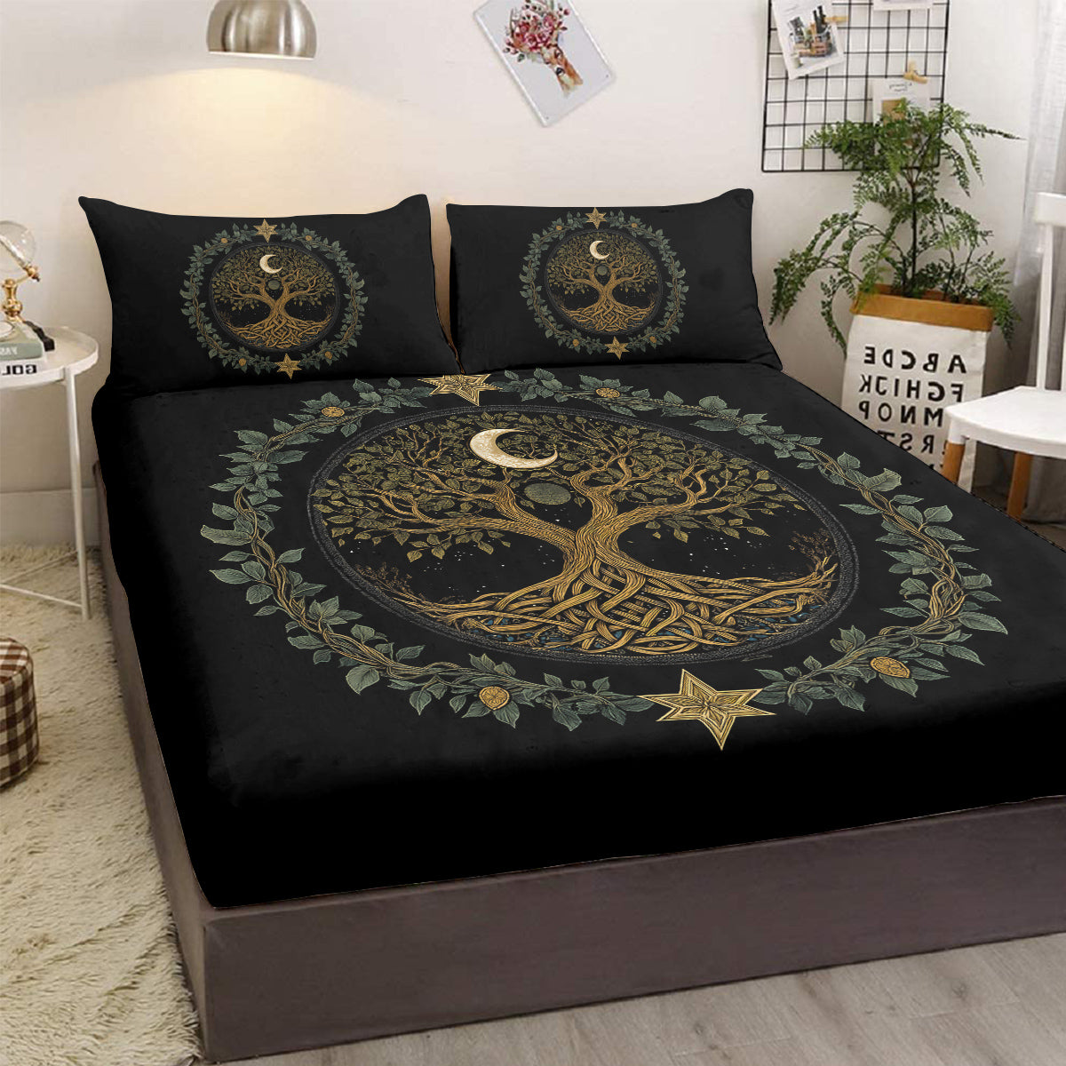 3pcs Tree Of Life Minimalist Comfort Series Bed Fitted Sheet And Two Pillowcases Bedding For All Seasons Use