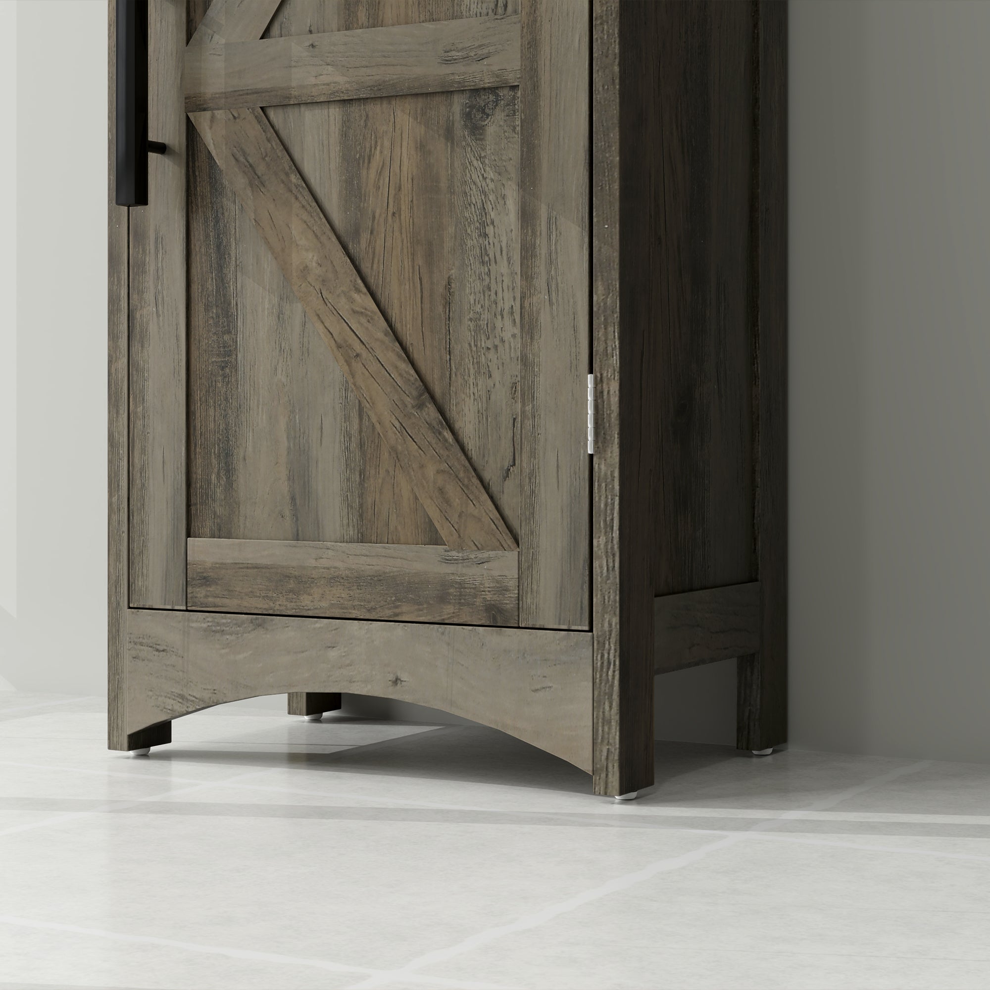 Farmhouse Tall Slim Bathroom Storage Cabinet with Recessed Drawer, Narrow Cabinet with Barn Door, Weathered Gray Oak