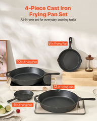 4 Piece Cast Iron Skillet Frying Pan Set 6 8 10 12 In With Silicone Handle Black