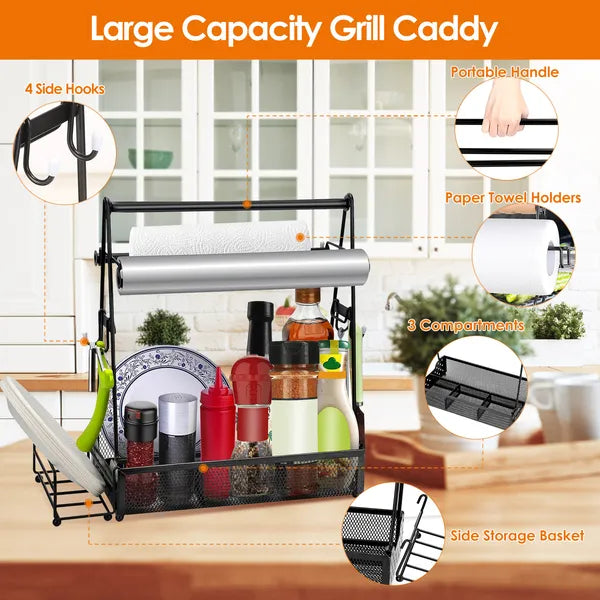 Utensil Caddy Metal Grill Caddy With Paper Towel Holders Utensil Holder For Outdoor Picnic Barbecue Camping Grilling Tools Storage Organizer Barbecue Accessories