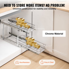 2-Tier 8.5"Wx21"Dx15"H Wire Pull Out Cabinet Under Sink Organizer Drawer Basket, 10"Wx22"Dx18"H  Install Size For Cabinet