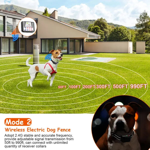 990FT Range Dog Wireless Fence Remote Training Collar IPX6 Waterproof Receiver With 0-9 Levels Beep Vibration Shock Mode 4 Channels Rechargeable Transmitter System