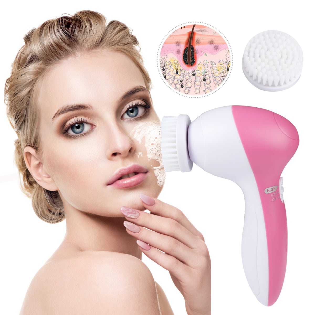 1Pc Facial Cleansing Brush Waterproof Face Spin Cleaning Brush With 5 Brush Heads Deep Cleansing Body Facial Brush Set For Gentle Exfoliating Removing Blackhead And Massaging